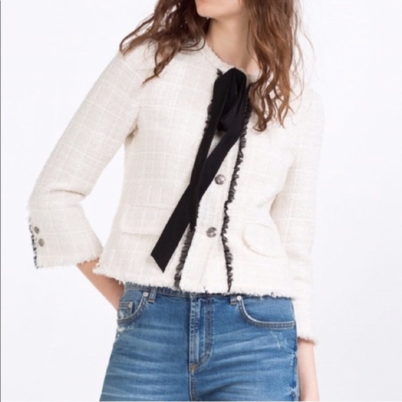Zara Off White Tweed Blazer with Bow - Picture 1 of 5